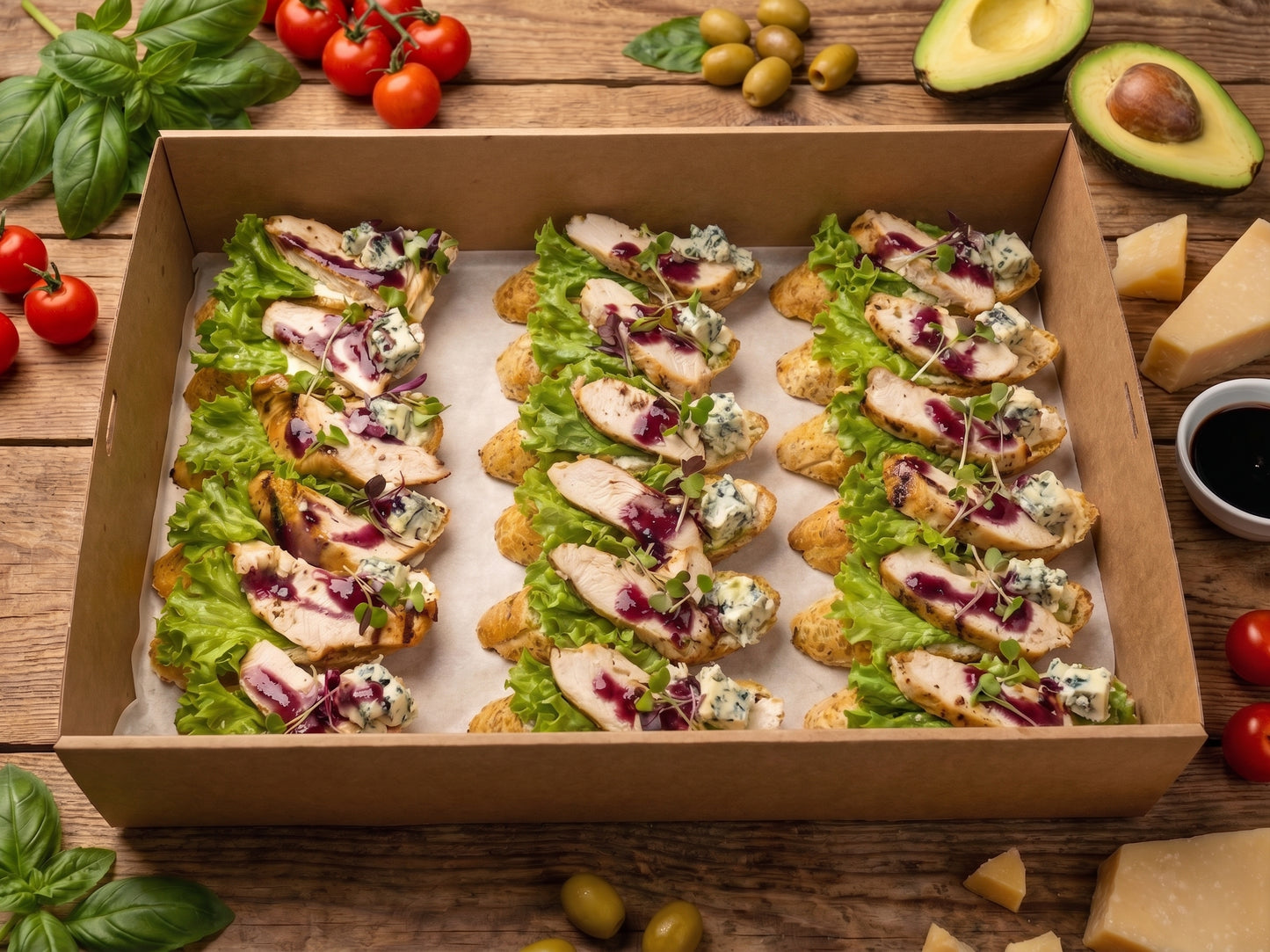 Bruschetta Box with chicken, Dorblu cheese, and blackberry sauce