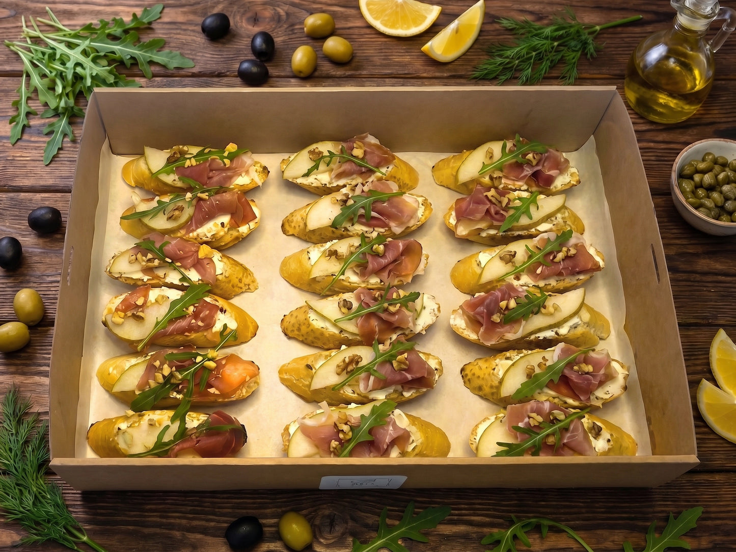 Bruschetta Box with prosciutto and caramelized pear