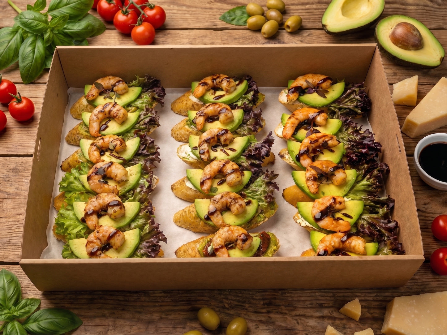 Bruschetta Box with cream cheese, avocado, and shrimp
